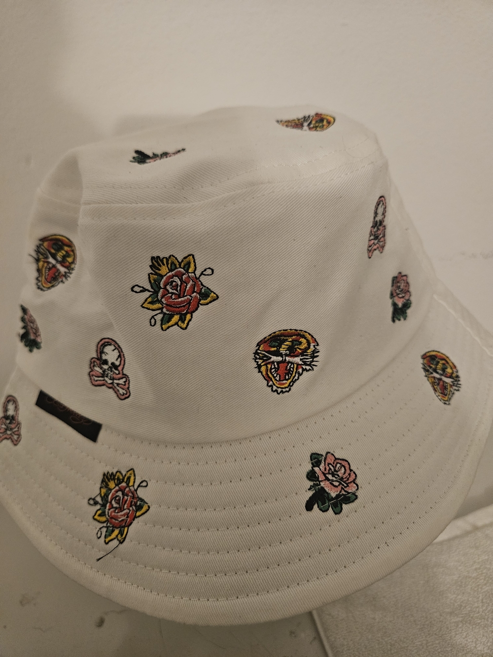 Ed Hardy White Bucket Hat with Embroidered Roses & Tiger Motifs